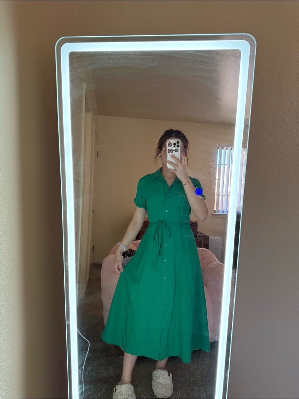 Green Button-Front Midi Dress with Tie Waist